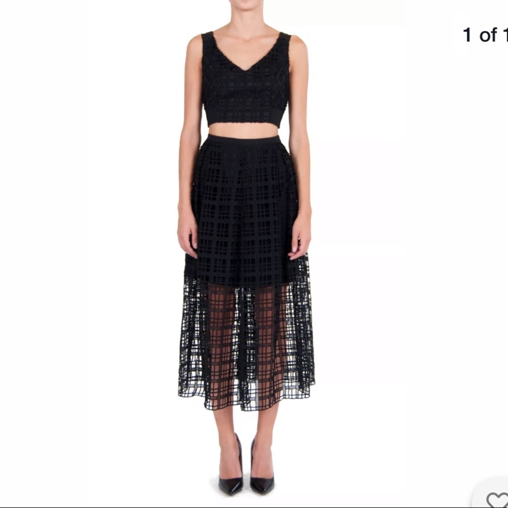 Sans Souci Black 2 Two Piece Outfit Set Crop Top MIDI Skirt Dress Mesh Net New